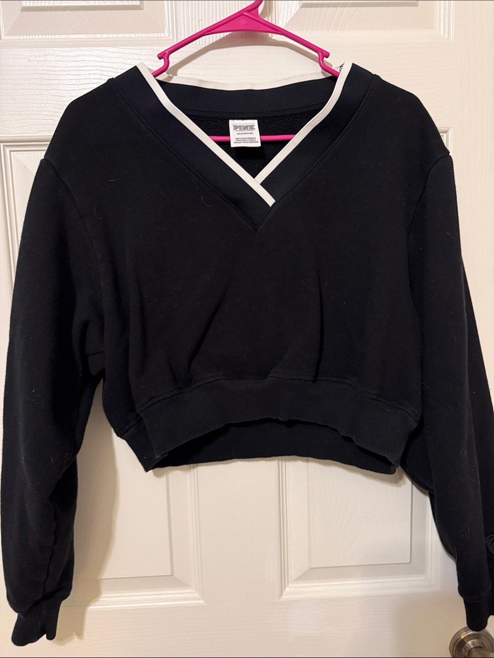 PINK Victoria's Secret Black Cropped V-Neck Sweatshirt with White Trim